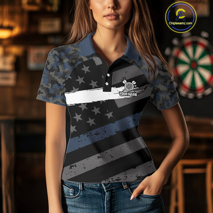 Blue Camo American Flag Darts Jersey For Women Custom Grunge Darts Shirt Team Polo & Quarter Zip TDM5031