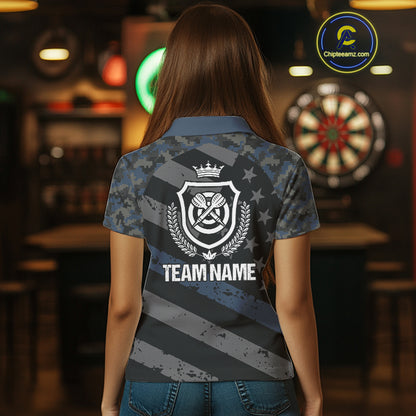Blue Camo American Flag Darts Jersey For Women Custom Grunge Darts Shirt Team Polo & Quarter Zip TDM5031