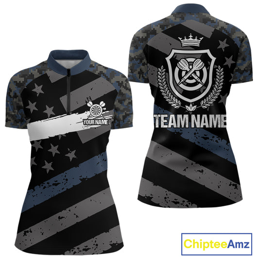 Blue Camo American Flag Darts Jersey For Women Custom Grunge Darts Shirt Team Polo & Quarter Zip TDM5031