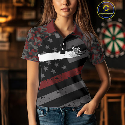Red Camo American Flag Darts Jersey For Women Custom Grunge Darts Shirt Team Polo & Quarter Zip TDM5032