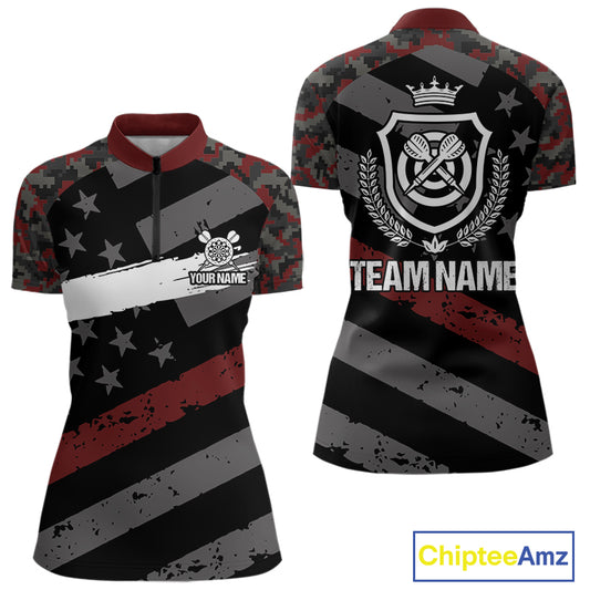 Red Camo American Flag Darts Jersey For Women Custom Grunge Darts Shirt Team Polo & Quarter Zip TDM5032