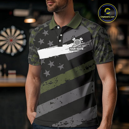 Green Military Camo US Flag Darts Jersey For Men Custom Grunge Darts Shirt Team Polo & Quarter Zip TDM5033