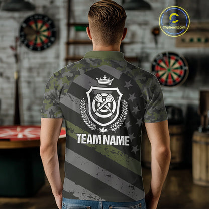 Green Military Camo US Flag Darts Jersey For Men Custom Grunge Darts Shirt Team Polo & Quarter Zip TDM5033