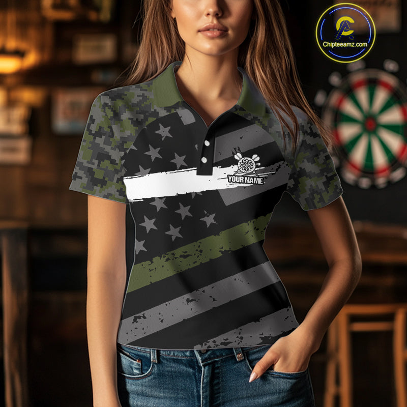 Green Military Camo US Flag Darts Jersey For Women Custom Grunge Darts Shirt Team Polo & Quarter Zip TDM5033