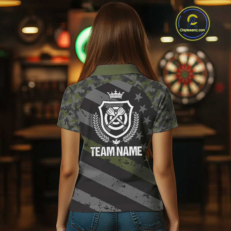 Green Military Camo US Flag Darts Jersey For Women Custom Grunge Darts Shirt Team Polo & Quarter Zip TDM5033