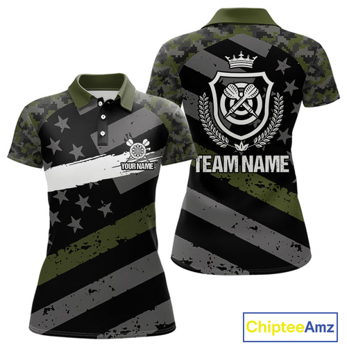 Green Military Camo US Flag Darts Jersey For Women Custom Grunge Darts Shirt Team Polo & Quarter Zip TDM5033