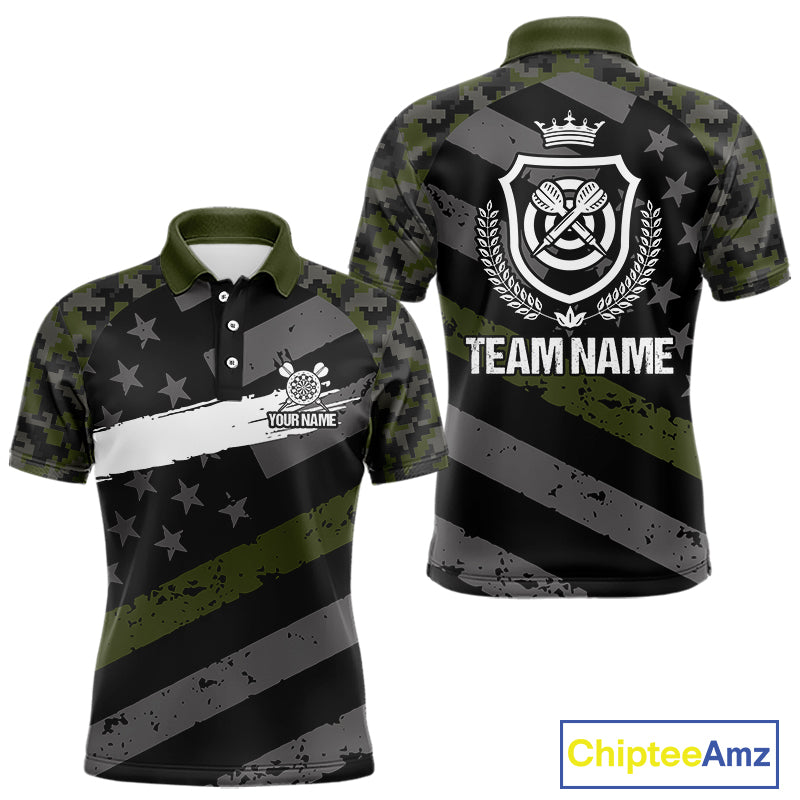 Green Military Camo US Flag Darts Jersey For Men Custom Grunge Darts Shirt Team Polo & Quarter Zip TDM5033