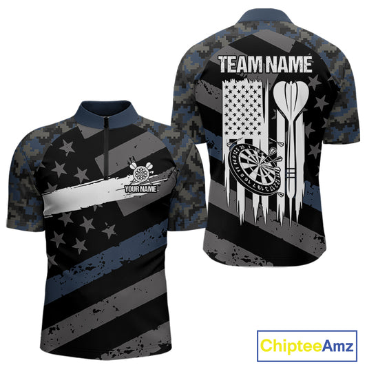 Blue Camo American Flag Darts Shirt For Men Custom Patriotic Darts Jersey Team Polo & 1/4 Zip TDM5034