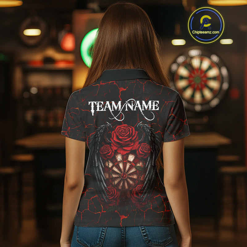 Personalized Skeleton Couple And Roses Gothic Darts Shirt For Women Custom Dart Jersey Outfit|Red TDM5038