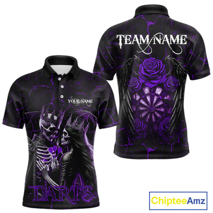 Personalized Skeleton Couple And Roses Gothic Darts Shirt For Men, Darts Jersey Outfit | Purple TDM5040