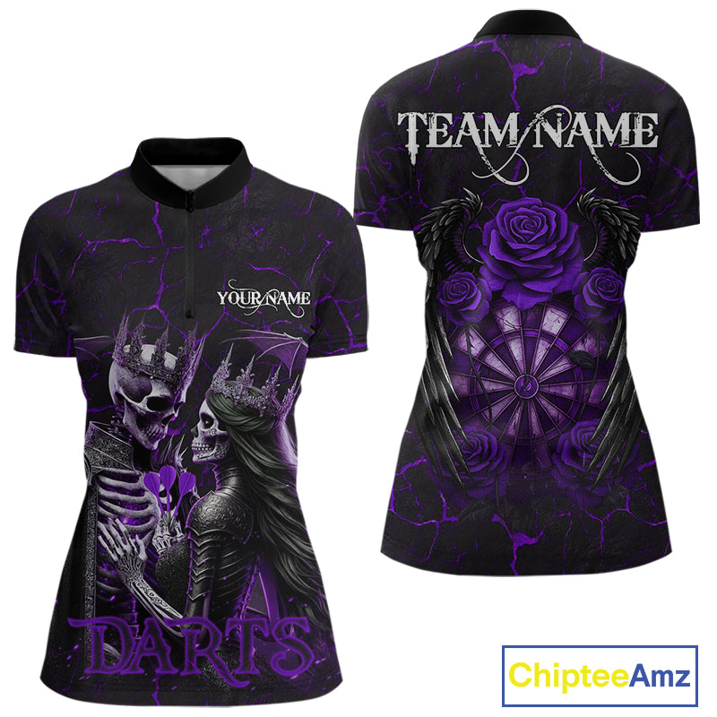 Personalized Skeleton Couple And Roses Gothic Darts Shirt For Women, Darts Jersey Outfit | Purple TDM5040