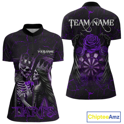 Personalized Skeleton Couple And Roses Gothic Darts Shirt For Women, Darts Jersey Outfit | Purple TDM5040