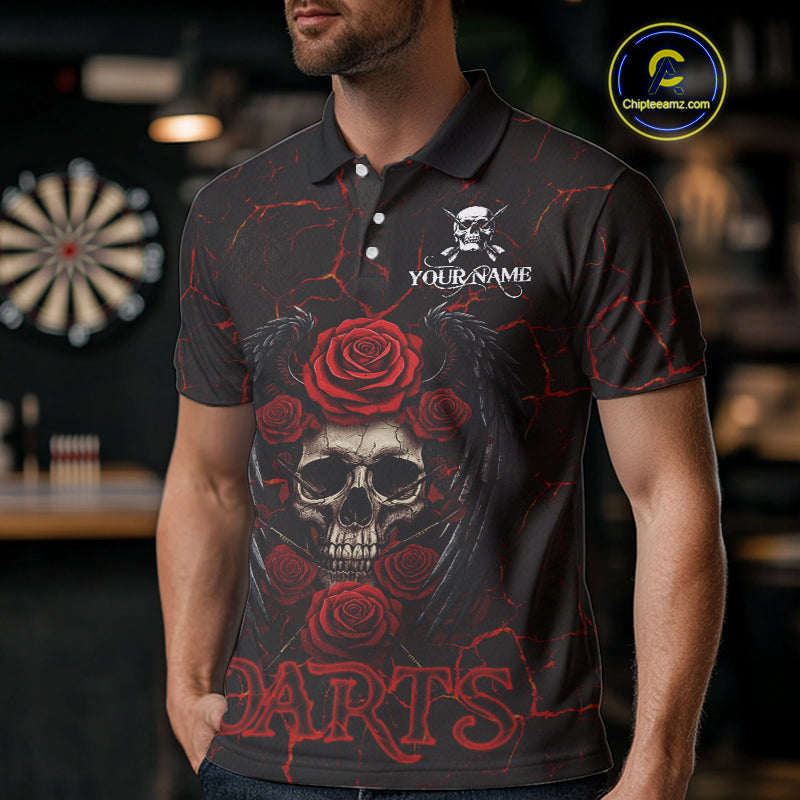 Personalized Skull And Roses Gothic Darts Shirt For Men Custom Red Dart Jersey Team Polo & 1/4 Zip TDM5041