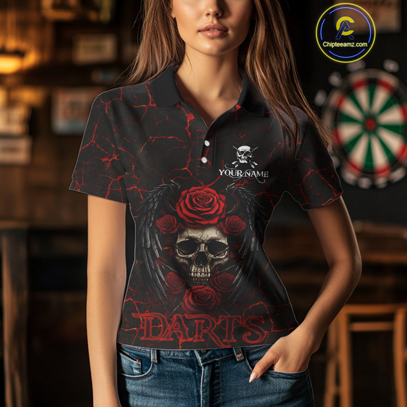 Personalized Skull And Roses Gothic Darts Shirt For Women Custom Red Dart Jersey Team Polo & 1/4 Zip TDM5041