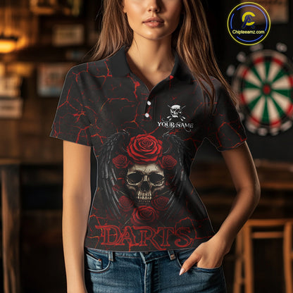 Personalized Skull And Roses Gothic Darts Shirt For Women Custom Red Dart Jersey Team Polo & 1/4 Zip TDM5041
