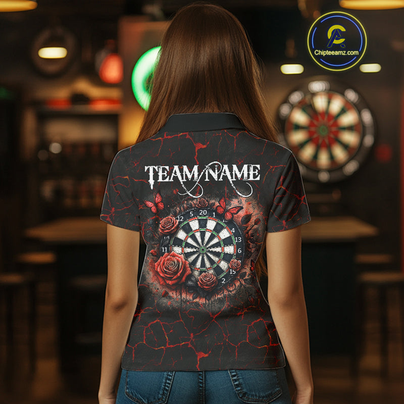 Personalized Skull And Roses Gothic Darts Shirt For Women Custom Red Dart Jersey Team Polo & 1/4 Zip TDM5041