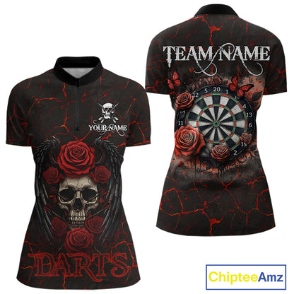 Personalized Skull And Roses Gothic Darts Shirt For Women Custom Red Dart Jersey Team Polo & 1/4 Zip TDM5041