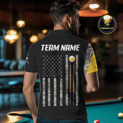 Personalized 9 Ball Camo Skull Billiard Shirt For Men, US Flag Pool Team Jerseys Polo & 1/4 Zip TDM5251