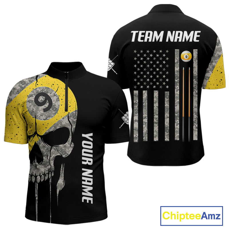Personalized 9 Ball Camo Skull Billiard Shirt For Men, US Flag Pool Team Jerseys Polo & 1/4 Zip TDM5251