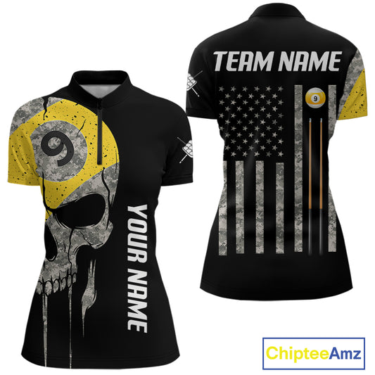 Personalized 9 Ball Camo Skull Billiard Shirt For Women, US Flag Pool Team Jerseys Polo & 1/4 Zip TDM5251