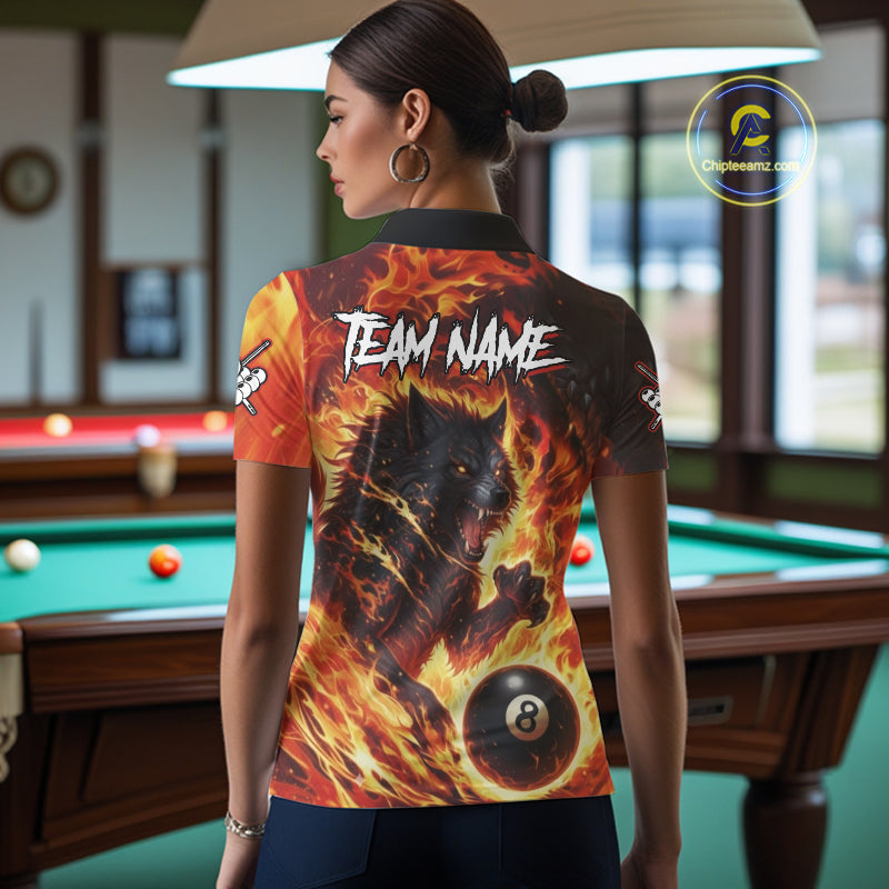 Orange Flaming Wolf 8 Ball Pool Billiard Shirt For Women Custom Billiard League Team Jersey TDM5252