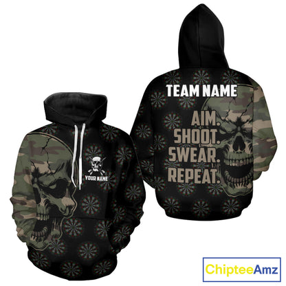 Funny Camo Darts Skull Aim Shoot Swear Repeat Darts Hoodie For Men Women, Vintage Darts Team Shirt TDM3266