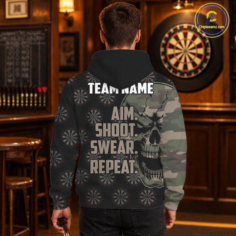 Funny Camo Darts Skull Aim Shoot Swear Repeat Darts Hoodie For Men Women, Vintage Darts Team Shirt TDM3266