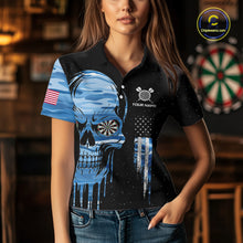 Load image into Gallery viewer, Blue Camo Skull American Flag Dart Shirt For Women Custom Patriotic Dart Jersey Team Polo &amp; 1/4 Zip TDM5772