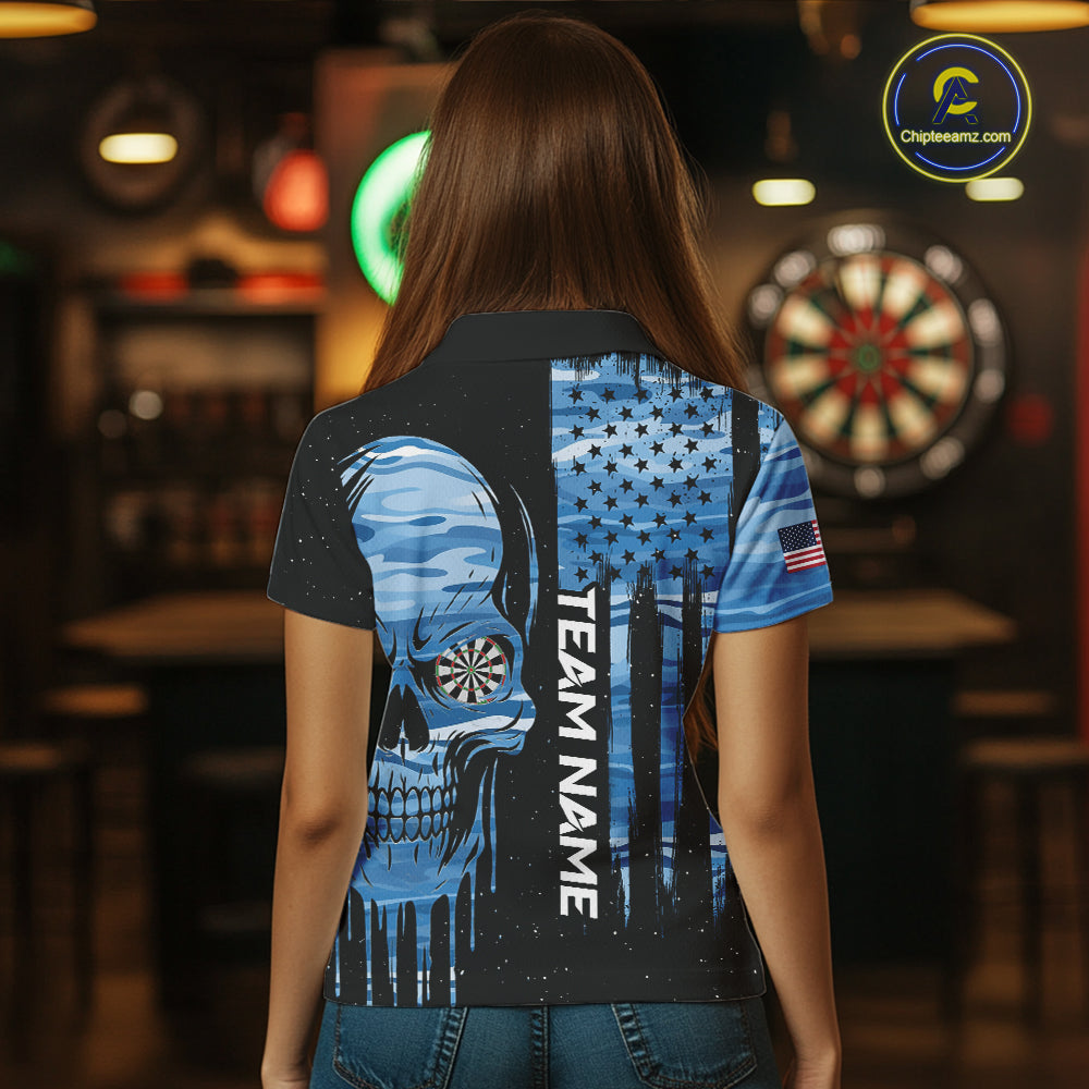 Blue Camo Skull American Flag Dart Shirt For Women Custom Patriotic Dart Jersey Team Polo & 1/4 Zip TDM5772
