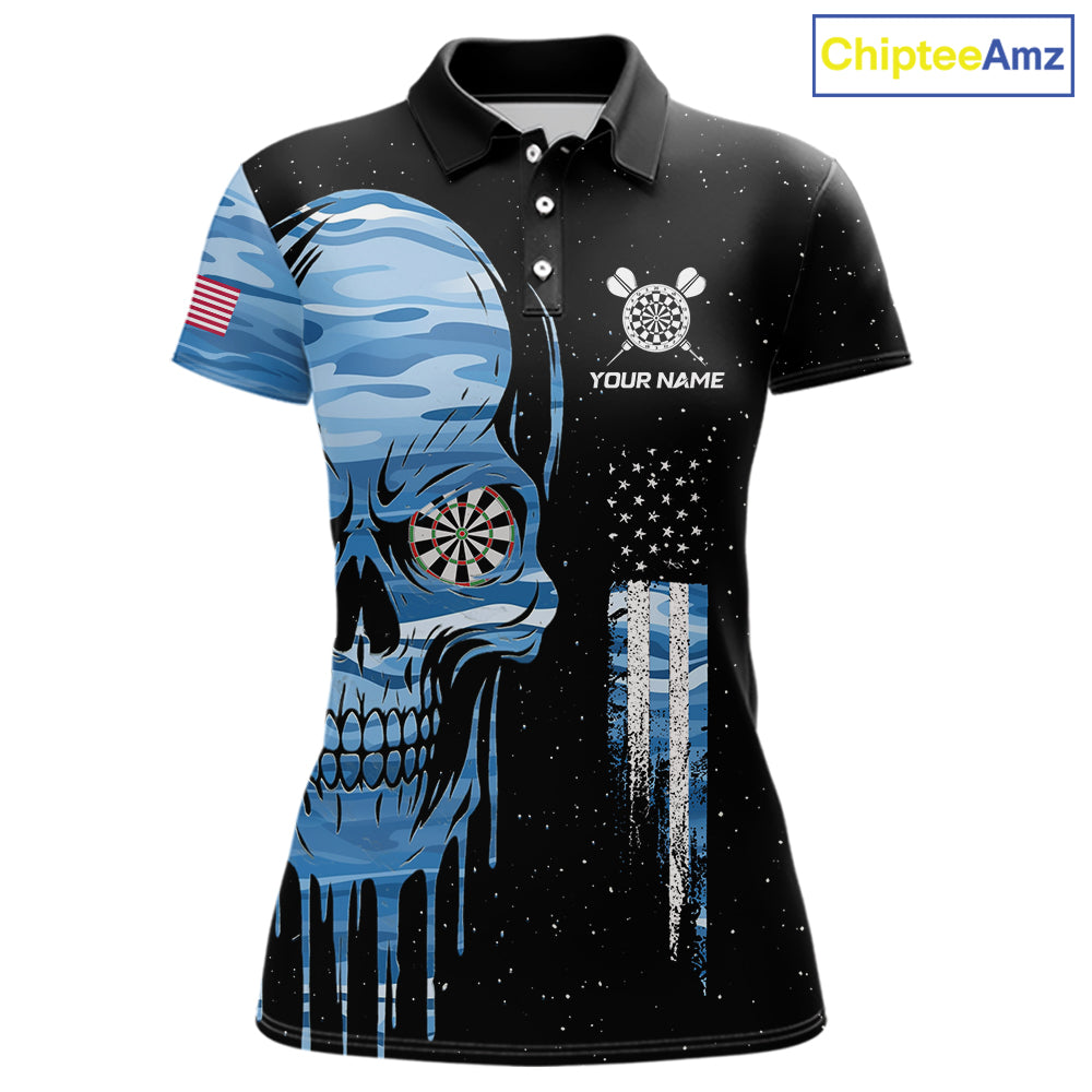 Blue Camo Skull American Flag Dart Shirt For Women Custom Patriotic Dart Jersey Team Polo & 1/4 Zip TDM5772