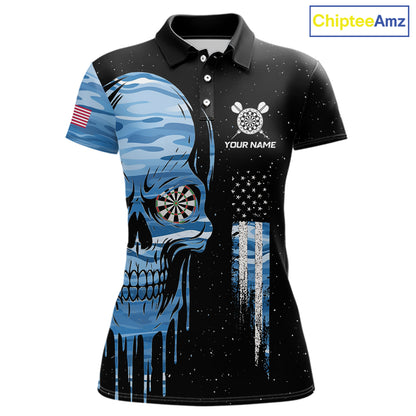 Blue Camo Skull American Flag Dart Shirt For Women Custom Patriotic Dart Jersey Team Polo & 1/4 Zip TDM5772