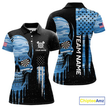 Load image into Gallery viewer, Blue Camo Skull American Flag Dart Shirt For Women Custom Patriotic Dart Jersey Team Polo &amp; 1/4 Zip TDM5772