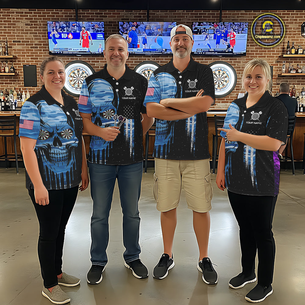 Blue Camo Skull American Flag Dart Shirt For Women Custom Patriotic Dart Jersey Team Polo & 1/4 Zip TDM5772
