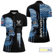 Load image into Gallery viewer, Blue Camo Skull American Flag Dart Shirt For Women Custom Patriotic Dart Jersey Team Polo &amp; 1/4 Zip TDM5772