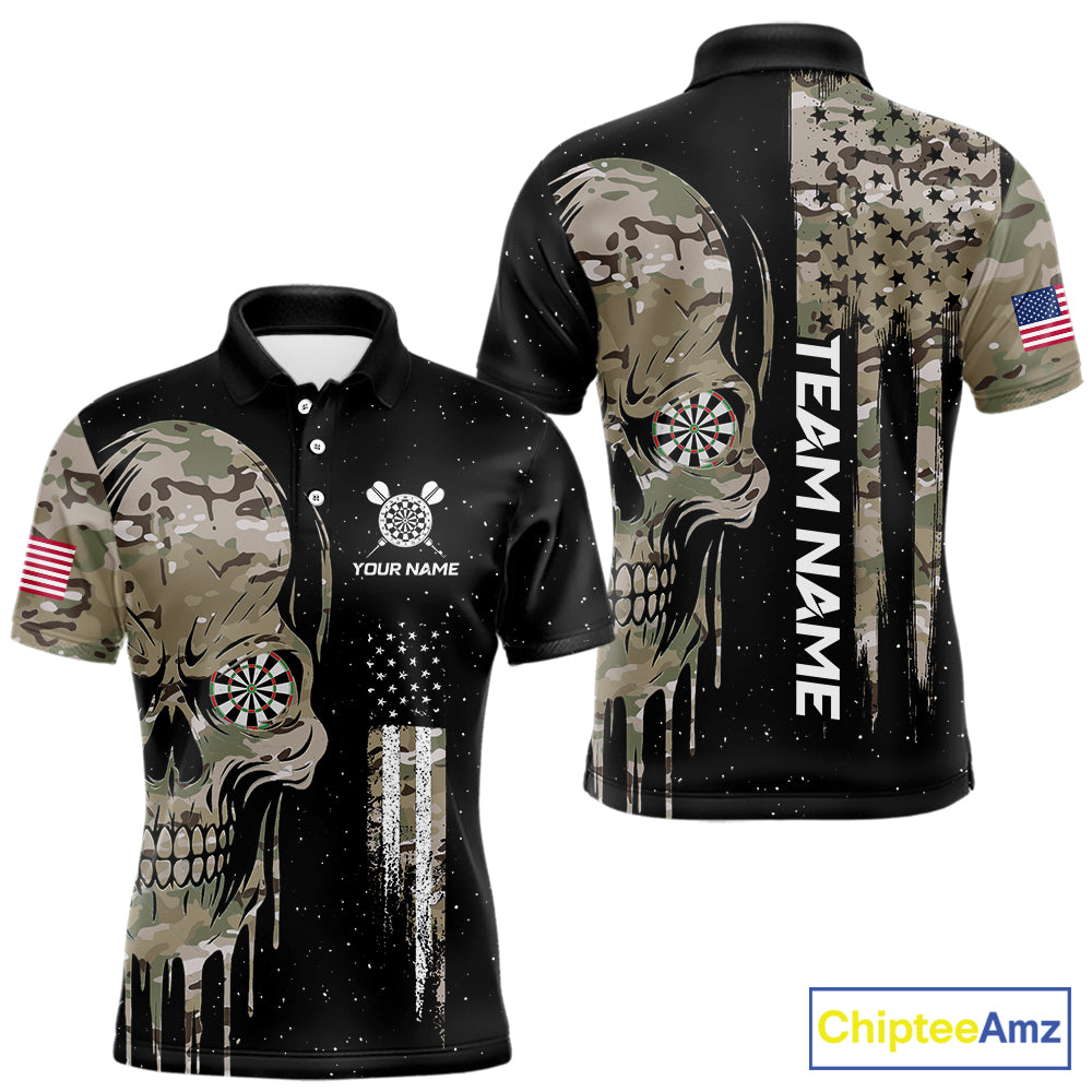 Black Grunge Camo Skull Us Flag Dart Shirt For Men Custom Patriotic Dart Jersey Team Polo, 1/4 Zip TDM5773