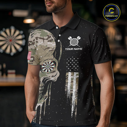 Black Grunge Camo Skull Us Flag Dart Shirt For Men Custom Patriotic Dart Jersey Team Polo, 1/4 Zip TDM5773