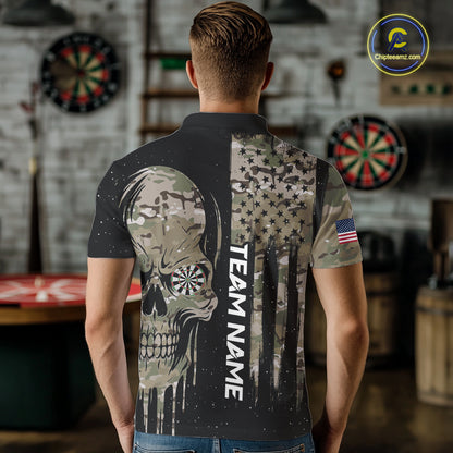 Black Grunge Camo Skull Us Flag Dart Shirt For Men Custom Patriotic Dart Jersey Team Polo, 1/4 Zip TDM5773