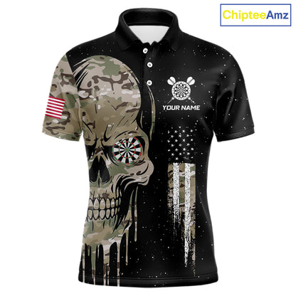 Black Grunge Camo Skull Us Flag Dart Shirt For Men Custom Patriotic Dart Jersey Team Polo, 1/4 Zip TDM5773