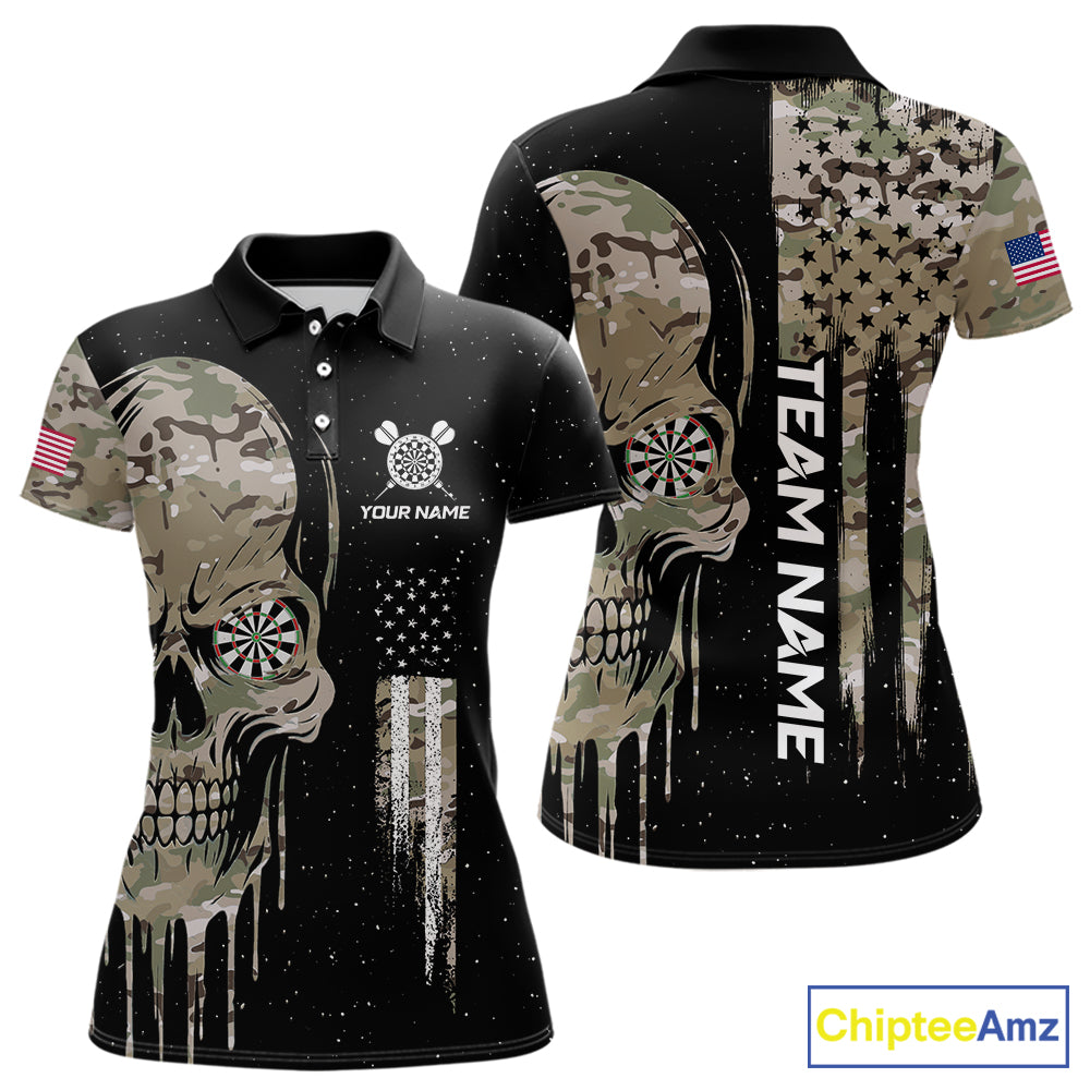 Black Grunge Camo Skull US Flag Dart Shirt For Women Custom Patriotic Dart Jersey Team Polo, 1/4 Zip TDM5773