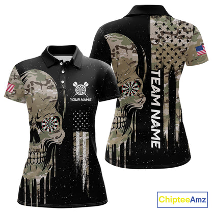 Black Grunge Camo Skull US Flag Dart Shirt For Women Custom Patriotic Dart Jersey Team Polo, 1/4 Zip TDM5773
