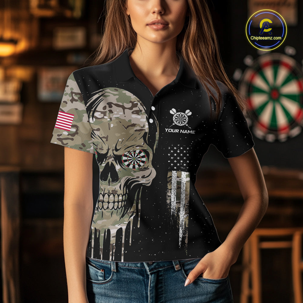 Black Grunge Camo Skull US Flag Dart Shirt For Women Custom Patriotic Dart Jersey Team Polo, 1/4 Zip TDM5773