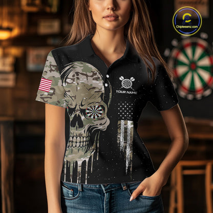 Black Grunge Camo Skull US Flag Dart Shirt For Women Custom Patriotic Dart Jersey Team Polo, 1/4 Zip TDM5773