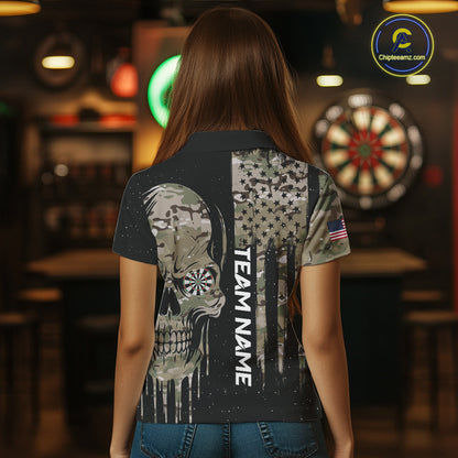 Black Grunge Camo Skull US Flag Dart Shirt For Women Custom Patriotic Dart Jersey Team Polo, 1/4 Zip TDM5773