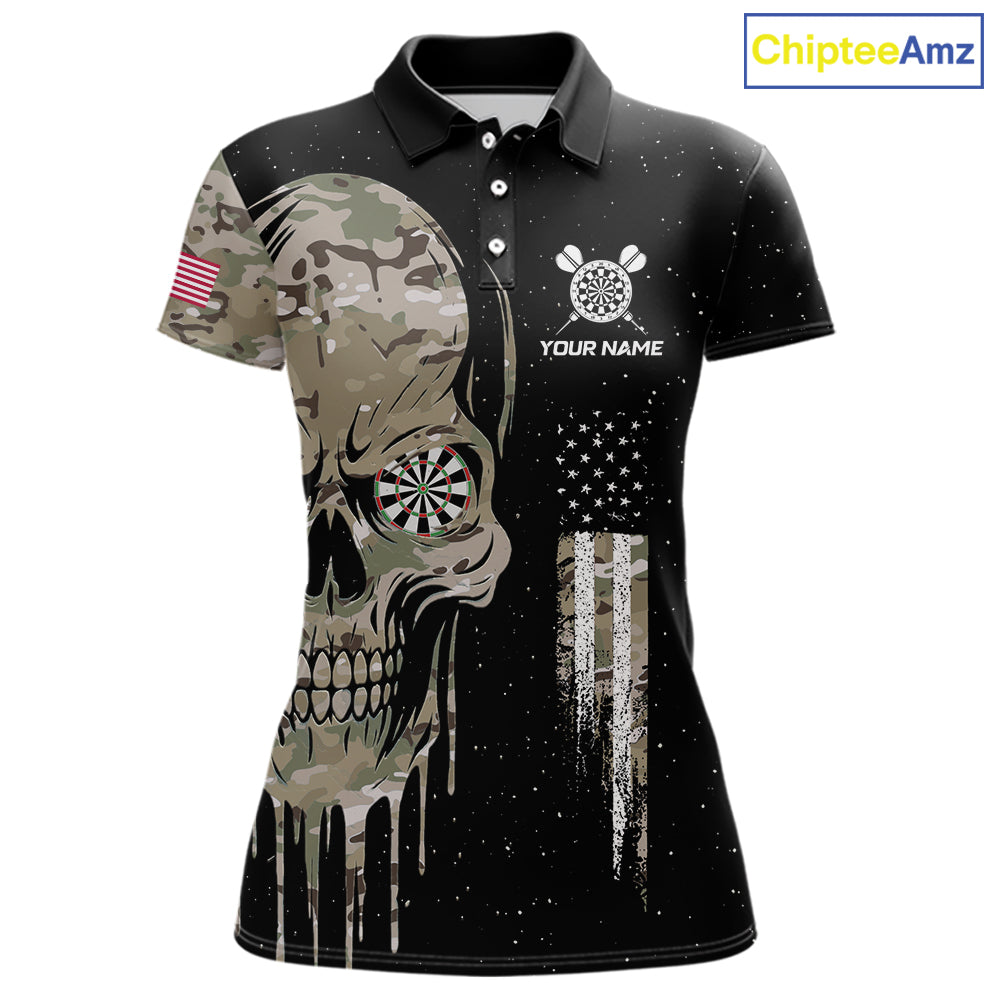 Black Grunge Camo Skull US Flag Dart Shirt For Women Custom Patriotic Dart Jersey Team Polo, 1/4 Zip TDM5773
