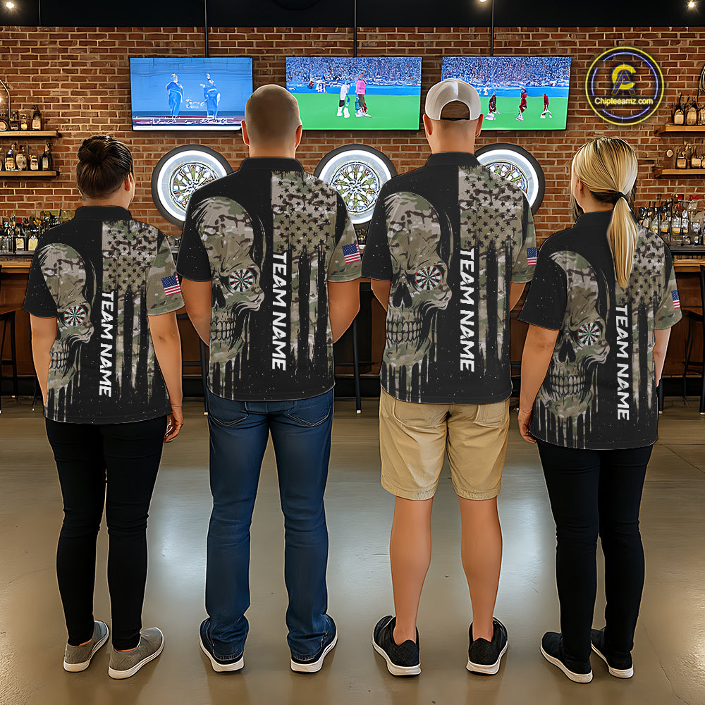 Black Grunge Camo Skull US Flag Dart Shirt For Women Custom Patriotic Dart Jersey Team Polo, 1/4 Zip TDM5773