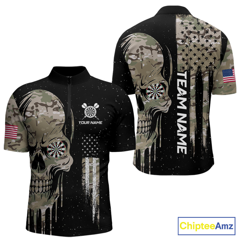 Black Grunge Camo Skull Us Flag Dart Shirt For Men Custom Patriotic Dart Jersey Team Polo, 1/4 Zip TDM5773