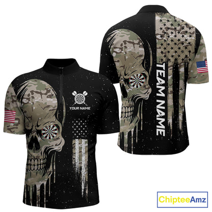 Black Grunge Camo Skull Us Flag Dart Shirt For Men Custom Patriotic Dart Jersey Team Polo, 1/4 Zip TDM5773
