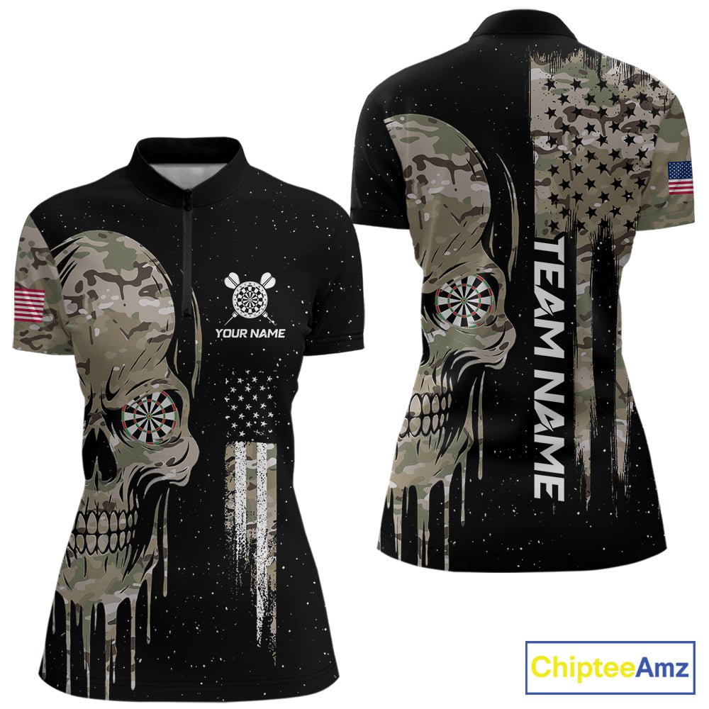 Black Grunge Camo Skull US Flag Dart Shirt For Women Custom Patriotic Dart Jersey Team Polo, 1/4 Zip TDM5773