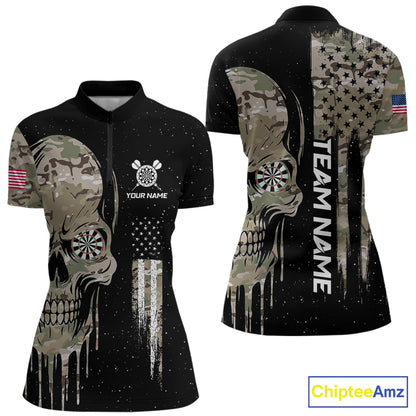 Black Grunge Camo Skull US Flag Dart Shirt For Women Custom Patriotic Dart Jersey Team Polo, 1/4 Zip TDM5773