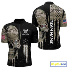 Load image into Gallery viewer, Black Grunge Camo Skull Us Flag Dart Shirt For Men Custom Patriotic Dart Jersey Team Polo, 1/4 Zip TDM5773